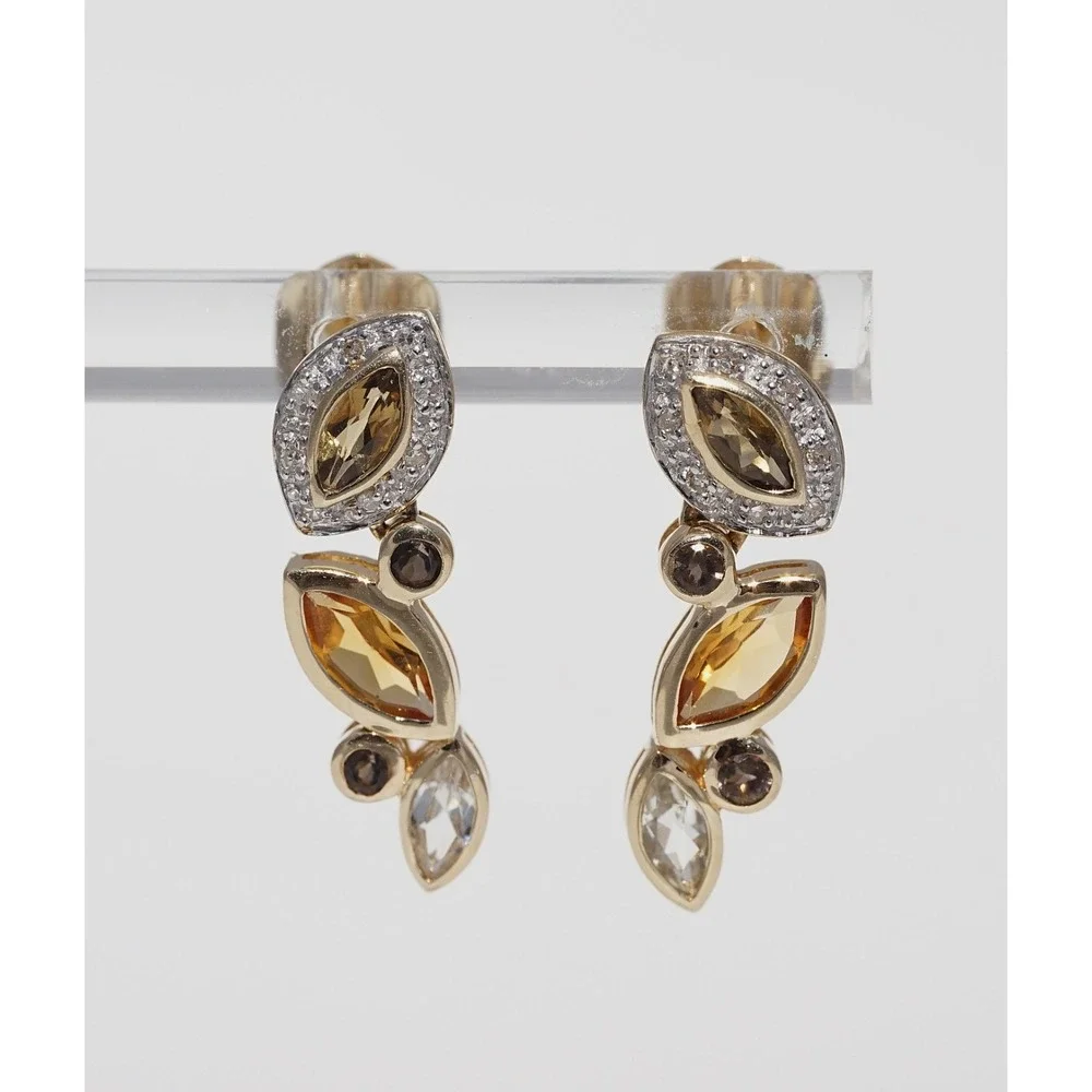 Vintage 14k Solid Gold Natural Citrine Aquamarine Quartz Diamond Dangle Earrings
